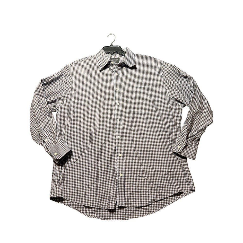 Nordstrom Men's Shop Button Down Men 17 34 Brown Excellent Gingham Non-Iron
